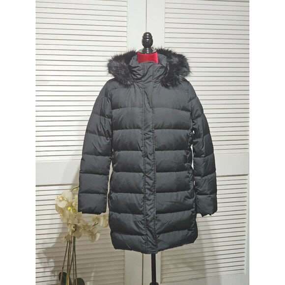Lands End Womens Black Down Puffer Coat Faux Fur Hood 600 FP Long Coat Sz L 2889 - Picture 1 of 15